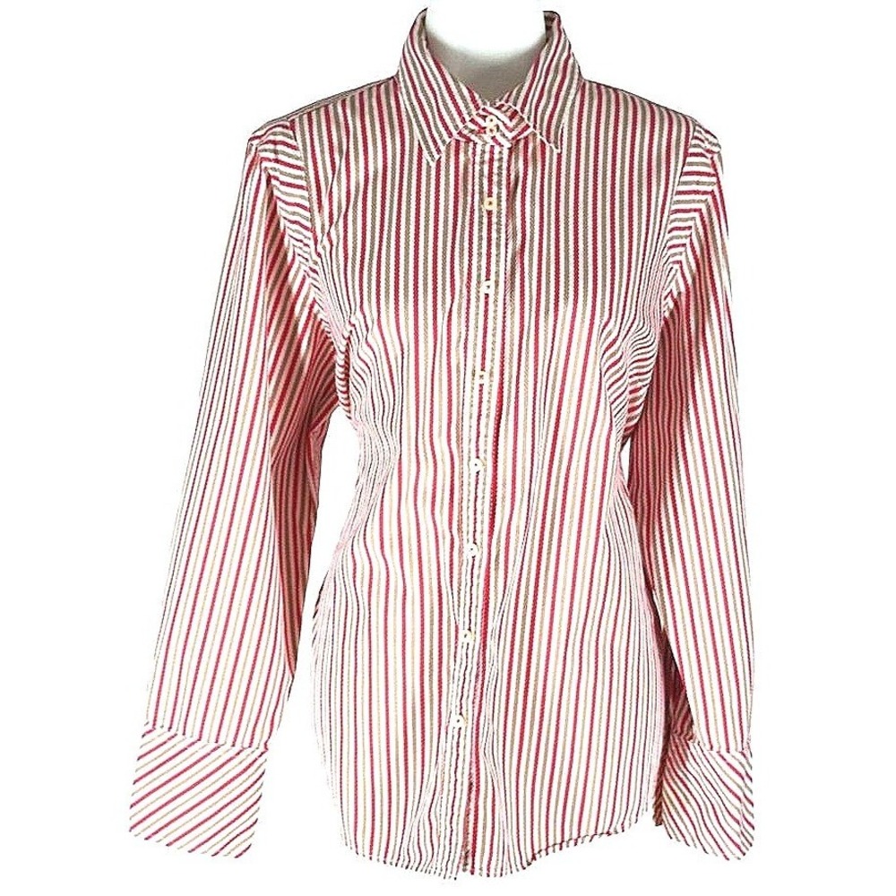 Preppy Tommy Hilfiger Button Down Shirt Women 18 Pink Tan Striped Long Sleeve